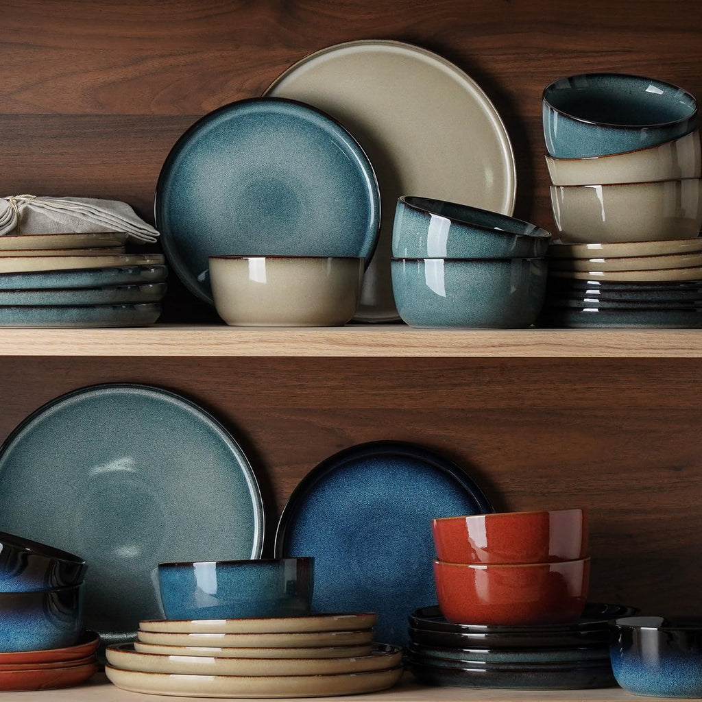 Stoneware Dinnerware Sets for 4, Reactive Glaze, Navy Blue