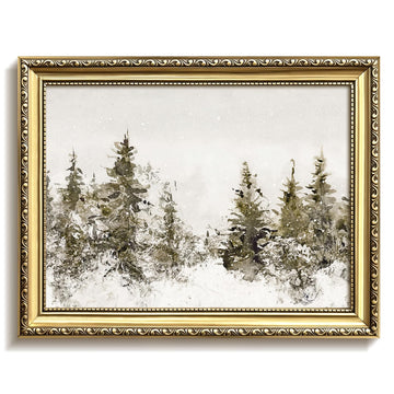 Christmas Wall Art, Snowy Pine Forest Christmas Wall Decor, Ornate Gold Framed Canvas Print, Scenic Winter Landscape