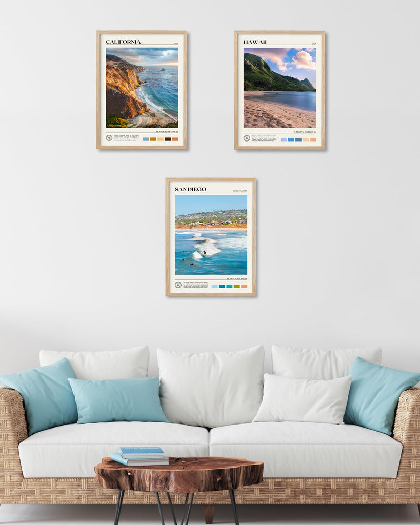 Natural OAK Wood San Diego Surfing Framed Wall Art, 12x16in Natural Seascape Canvas Wall Print, Classic Urban Landmark