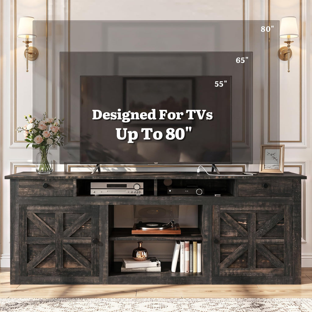 70" Farmhouse TV Stand for 75/80 Inch TVs, Storage, Rustic Oak