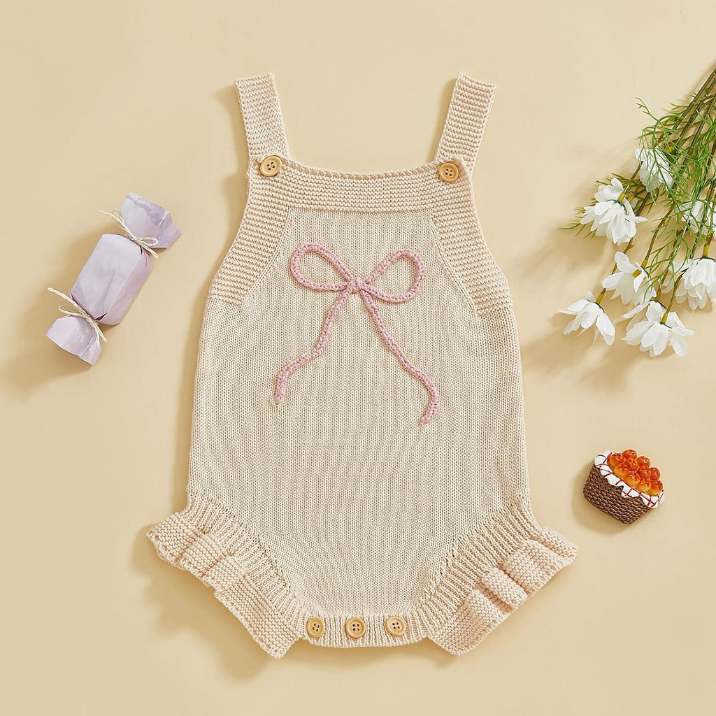 Newborn Baby Girl Clothes Bow Embroidery Romper Sleeveless Knit Romper Jumpsuit Sweater Bodysuit One-Piece Outfit