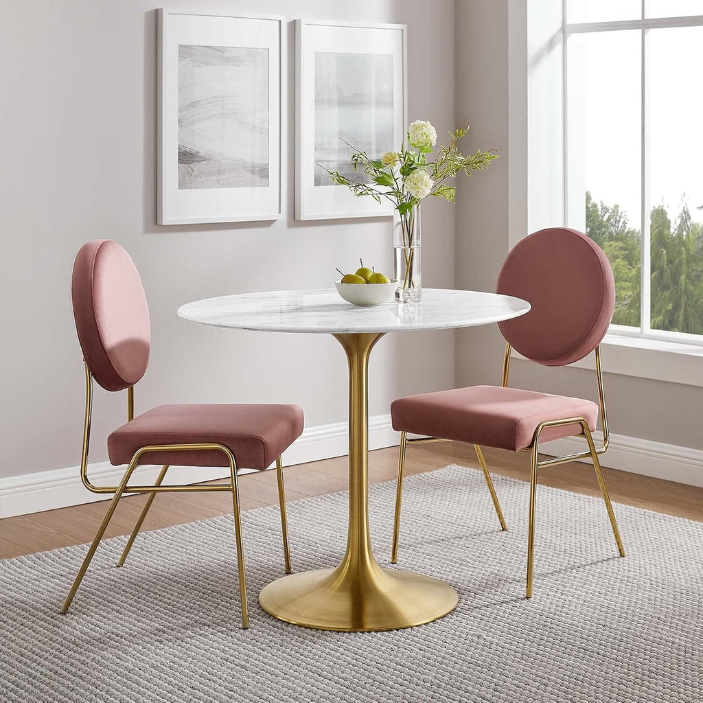 Lippa 36" Mid-Century Dining Table with Round Artificial Marble Top in Gold White