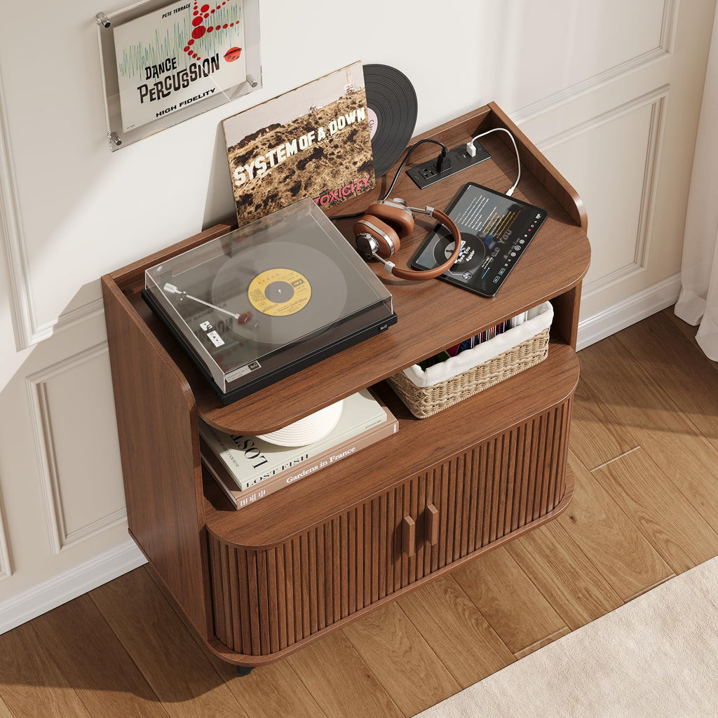 Mid Century Modern Record Player Stand with Charging Station, Walnut