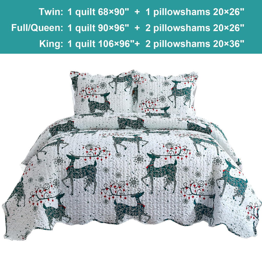 Christmas Bedspread King Size, Green Reindeer Quilt Bedding Set