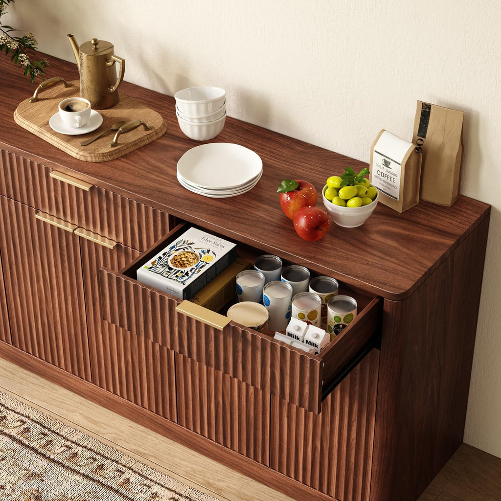 67" Fluted Walnut Sideboard Buffet Cabinet with 3 Drawers