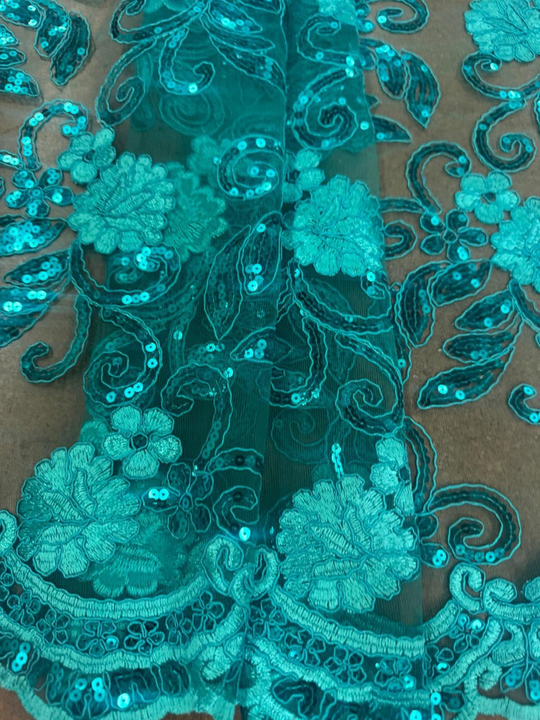 Designz 48/50" Wide Corded Queen Floral Lace Fabric with Sequins - Mesh Embroidered Fabric with Scalloped Edges for