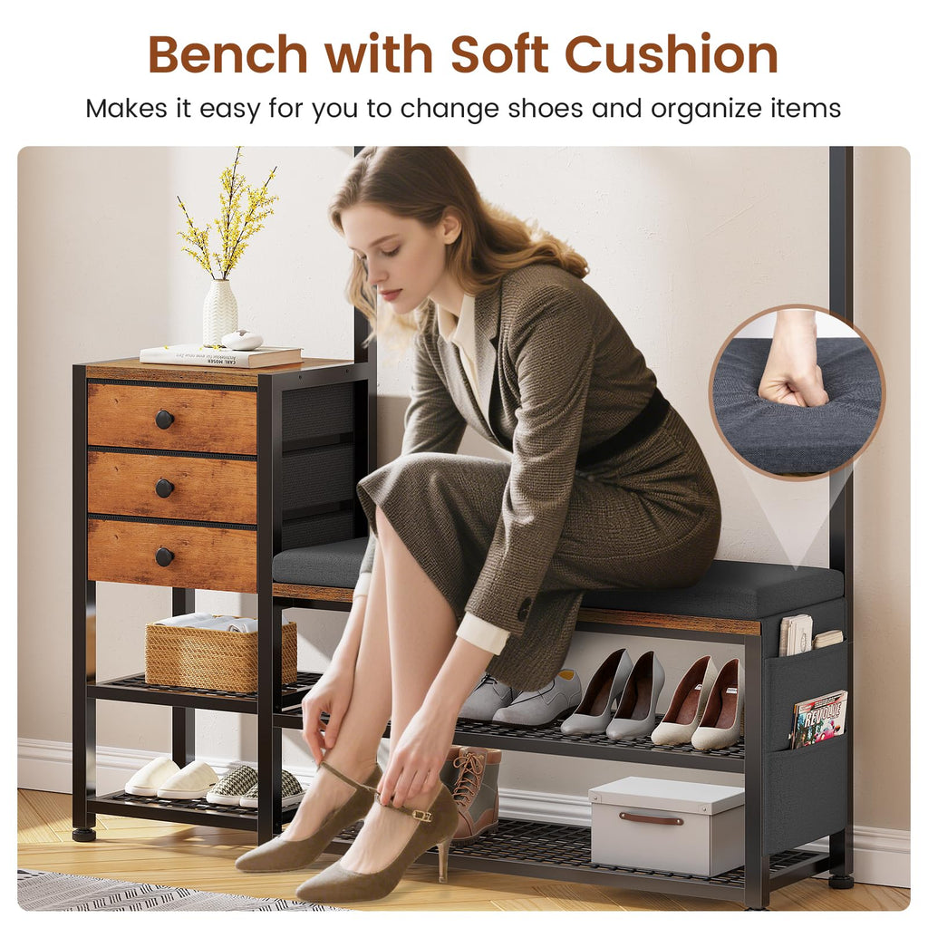 Coat Rack, Hall Tree with Bench and Shoe Storage, 7-in-1 Entryway Bench with Soft Cushion, Storage Bag, 3 Fabric