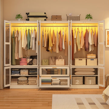 6 Doors Armoire Wardrobe Closet with LED and Mirror, 71" H Freestanding Wooden Wardrobe Closet Cabinet w 2