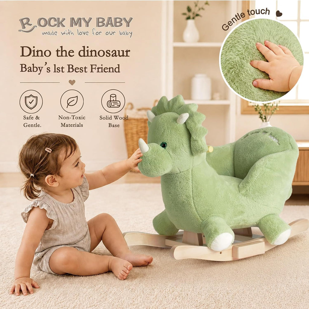 Rocking Horse Green Dinosaur with Chair, Plush Stuffed Rocker for Toddlers 1-3, Baby Rocker with Sweet Music, Wooden