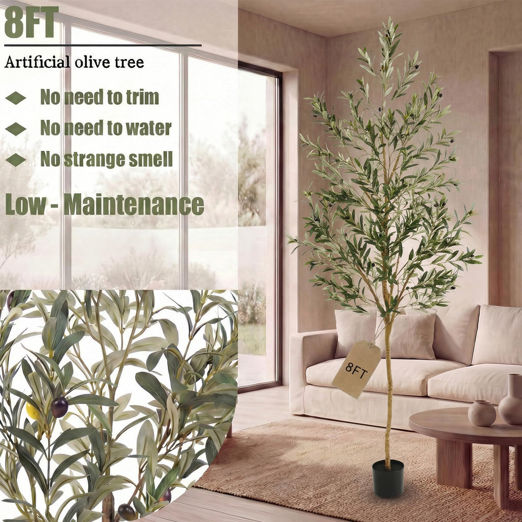 8FT Olive Trees Artificial Indoor, Fake Olive Tree with Natural Wood Trunk and Olive Branches and Lifelike Fruits, Faux