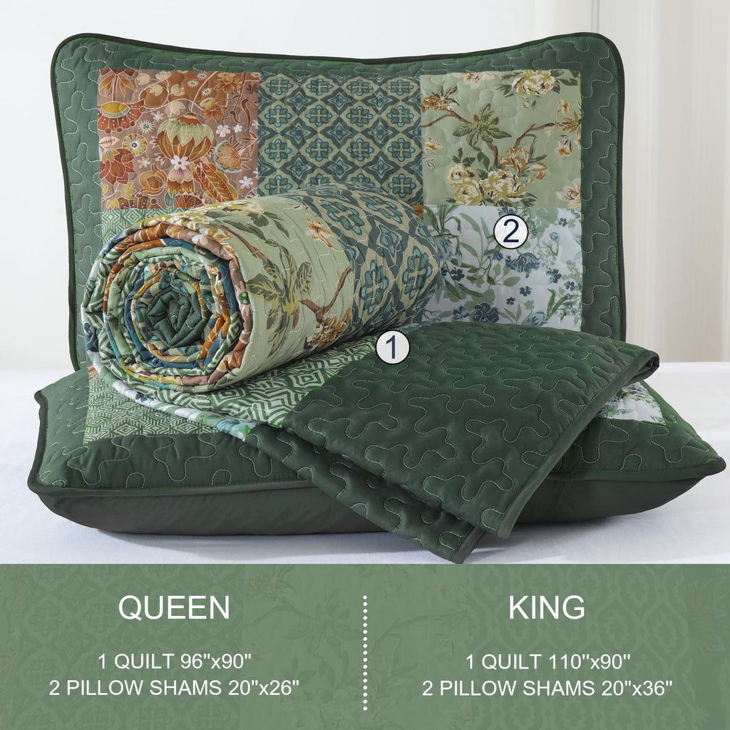 Patchwork Quilt Set Green Boho Rustic Floral Bedspread Coverlet