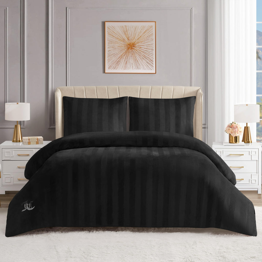 Jenny Velour Striped Jacquard Queen/Full Size Duvet Cover Bedding Set Ensemble - Black 3 Piece Set