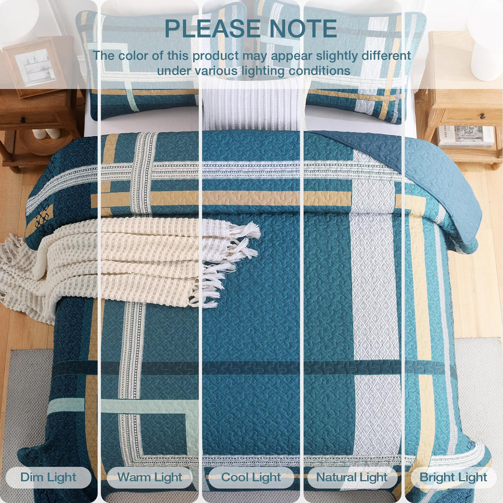 Teal Quilt Set, Boho Pachwork Stripe Bedspread