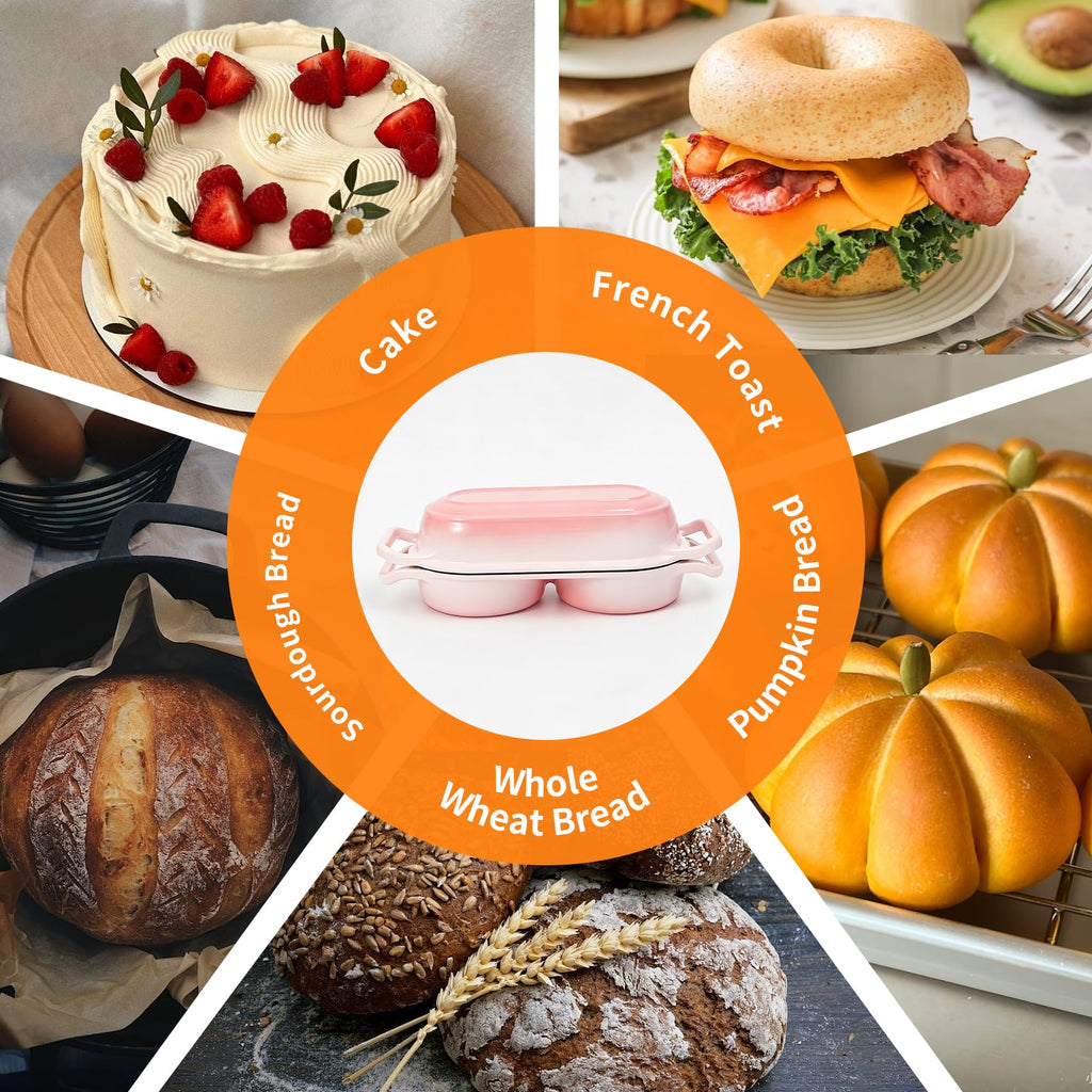 Double Dutch Oven for Sourdough Bread Baking, 2.4QT Enameled Cast Iron Bread Baker with Lid, Dual 1.2QT Round