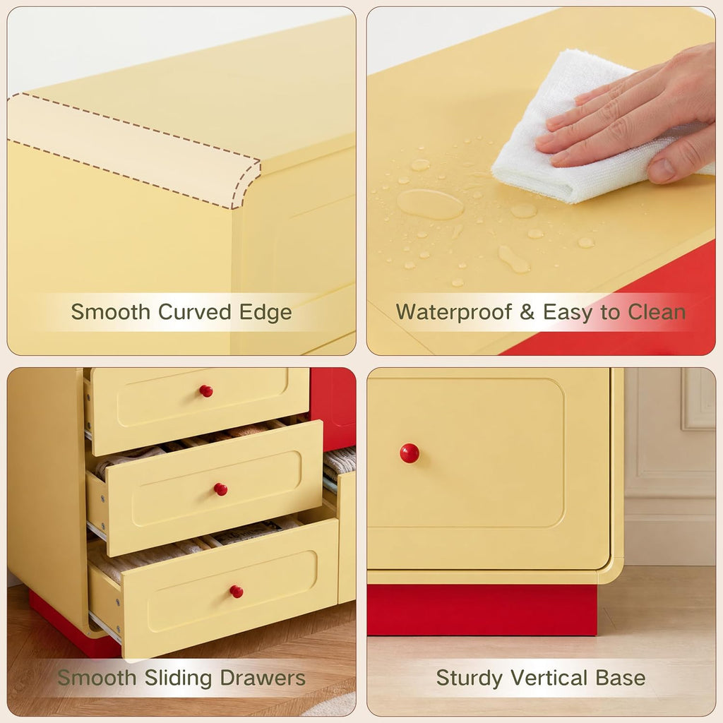 Yellow and Red 5 Drawer Dresser with Large Drawers Curved Edges | Modern Wooden 43.3" Wide Dressers, Storage