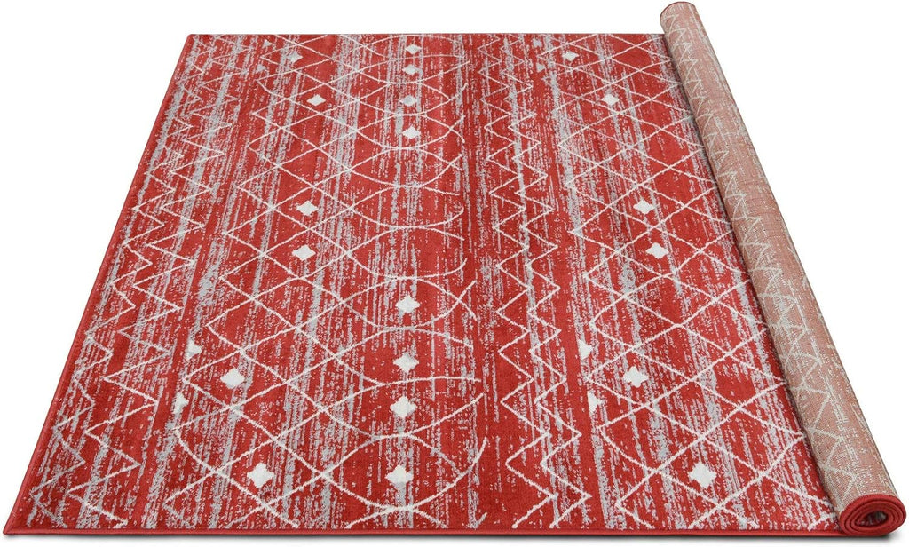 HR - Moroccan Trellis Motif Rug 5x7 Rustic Berber Tribal Pattern Moroccan Décor Carpet Flooring Red and Grey