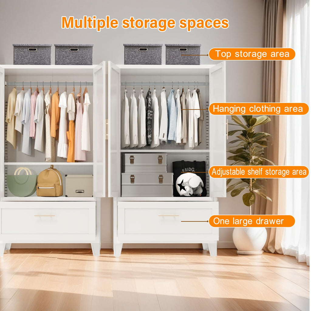 60.16'' Metal Armoire Wardrobe Closet with 1 Drawer, Freestanding Clothing Storage Cabinet with Doors and Adjustable