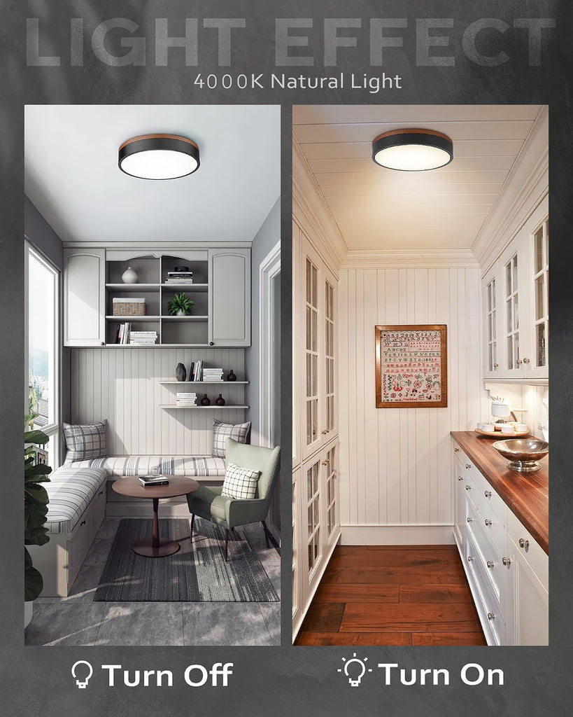 12" Modern Flush Mount Ceiling Light,Deep Wood and Black,1 PK | Close to Ceiling,5CCT 24W Dimmable LED,Bright Light