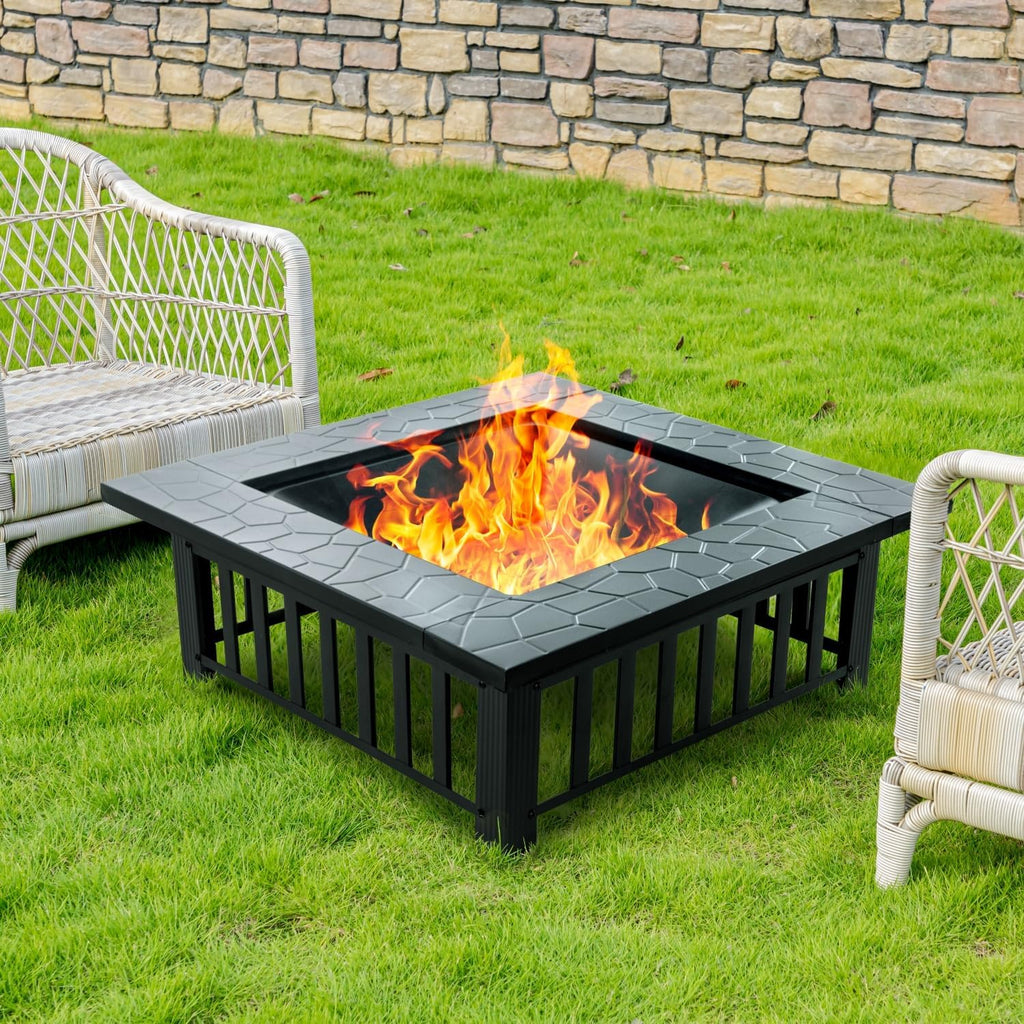 32 inch Fire Pit, Square Outdoor Fire Pit Table with Spark Screen & Fire Poker