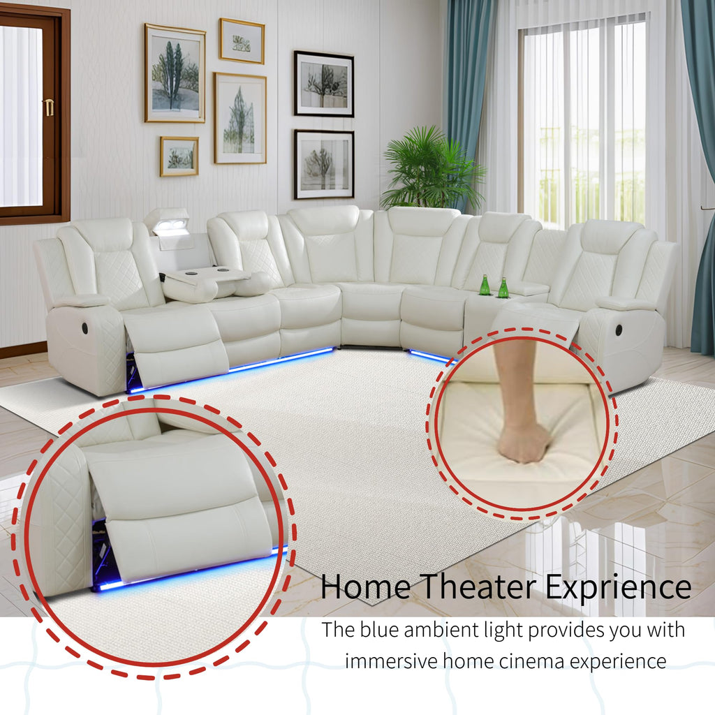 Power Recliner Sofa Sectional Sofa with LED Light, Air Leather Reclining Corner Sectional Sofa Set, Cup Holder