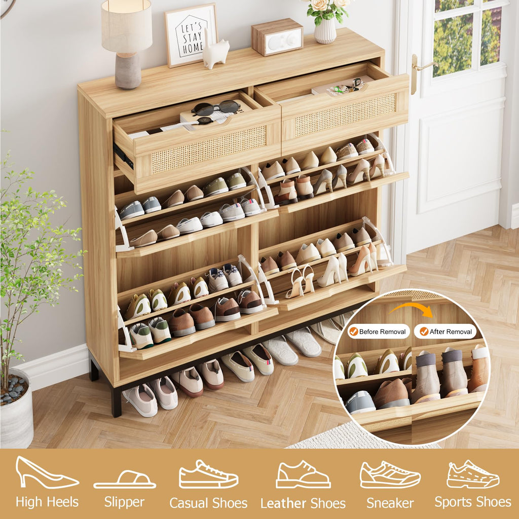 Rattan Shoe Cabinet, Boho Shoe Storage Cabinet with 4 Flip Drawers and 2 Drawers, Narrow Freestanding Shoe Rack with