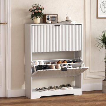 Shoe Cabinet Storage with 2 Flip Drawers, White Fluted Shoe Cabinet with Open Storage, Wooden Hidden Shoe Rack