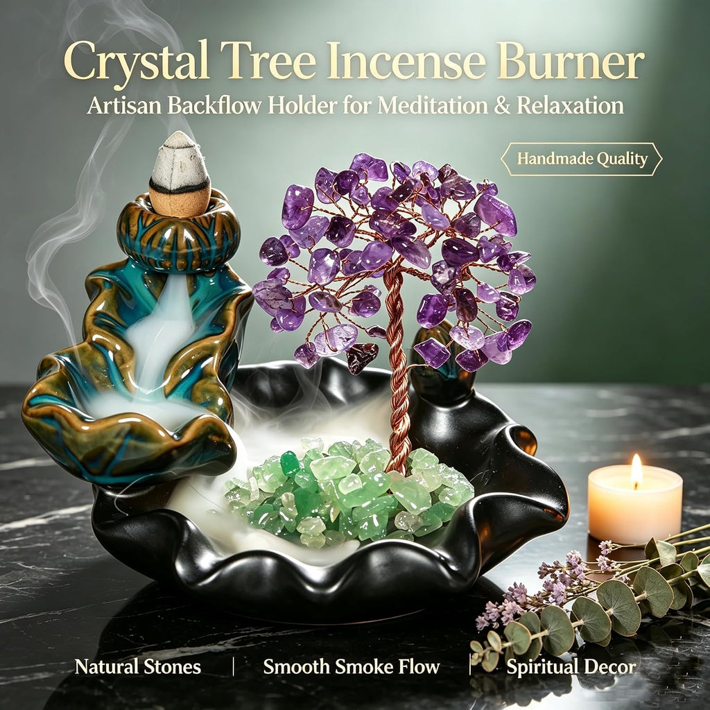 Ceramic Waterfall Incense Burner, Money Tree Backflow Holder Healing Crystal Stone, with 30 Cones + Stick for Yoga - Set of 63