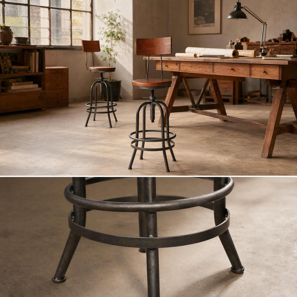 Set of 2 Industrial Bar Stools with Backrest 26-32inch Counter Height Adjustable Rustic Kitchen Island Stool Vintage
