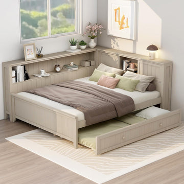 Full Daybed with Storage Shelves and Trundle, Wood Slat Support, No Box Spring Needed, Antique White