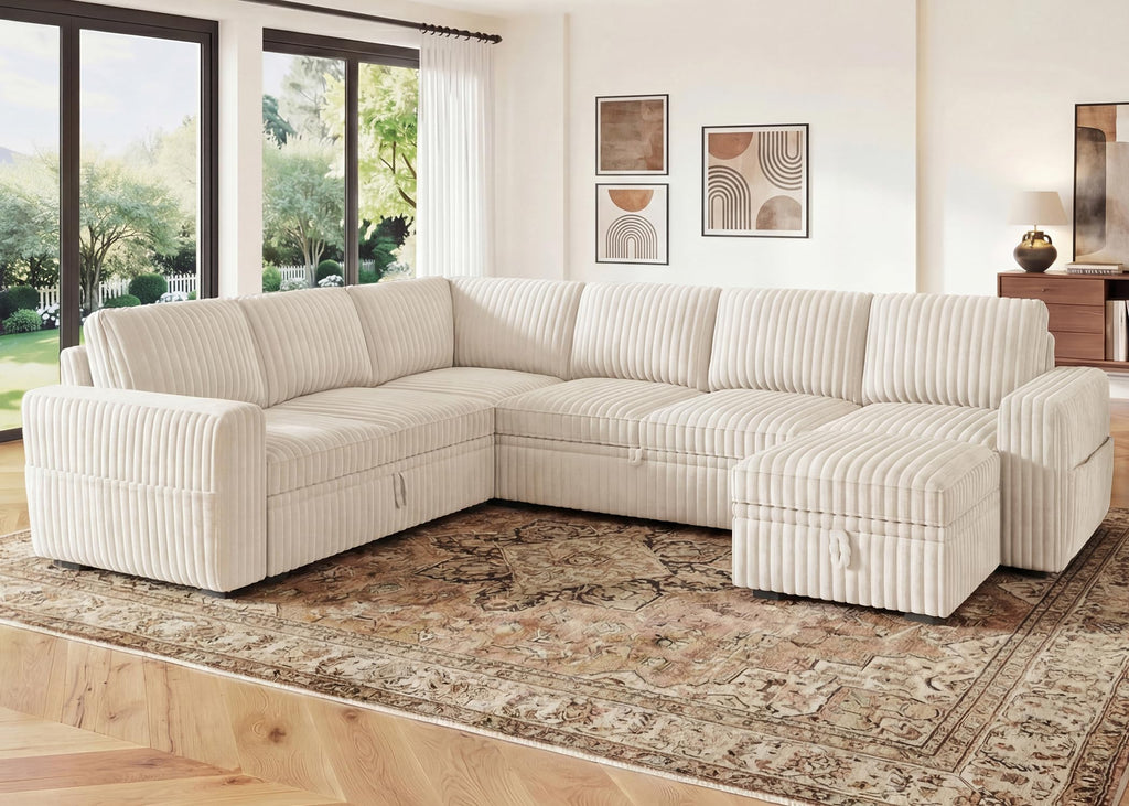 Corduroy U Shaped Sectional Sleeper Sofa with Pull Out Bed, Beige
