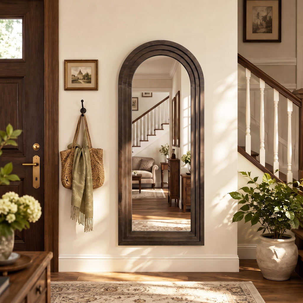 Arched full length mirror, solid wood frame, 55x23in walnut