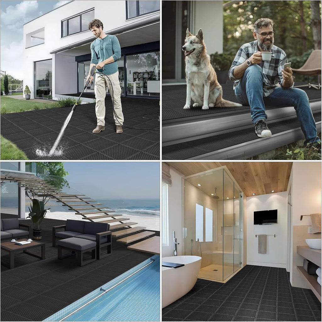 16 PCS Modular Interlocking Cushion Interlocking Floor Tiles with Hole Drainage Mat 10" x 10" Non Slip Pool Deck Mat