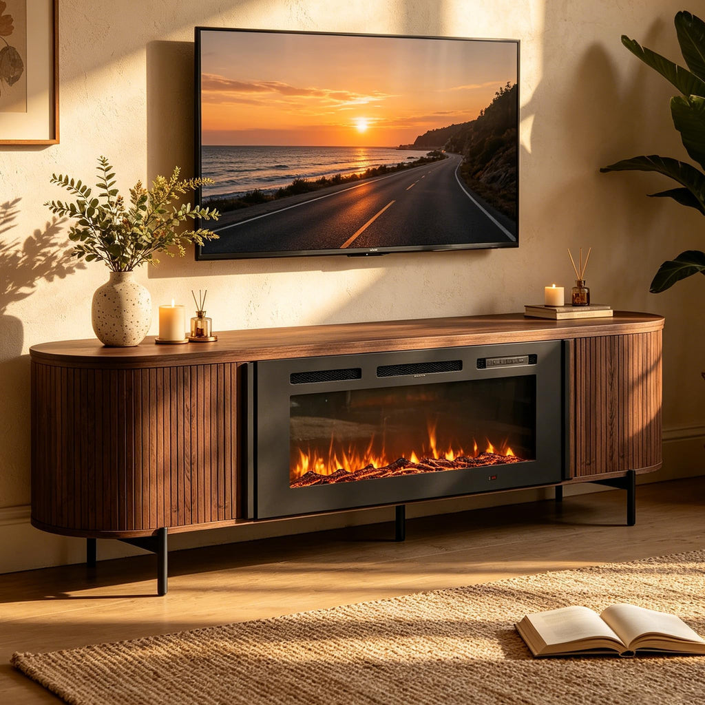 Fluted Fireplace TV Stand, 70 inch, Brown