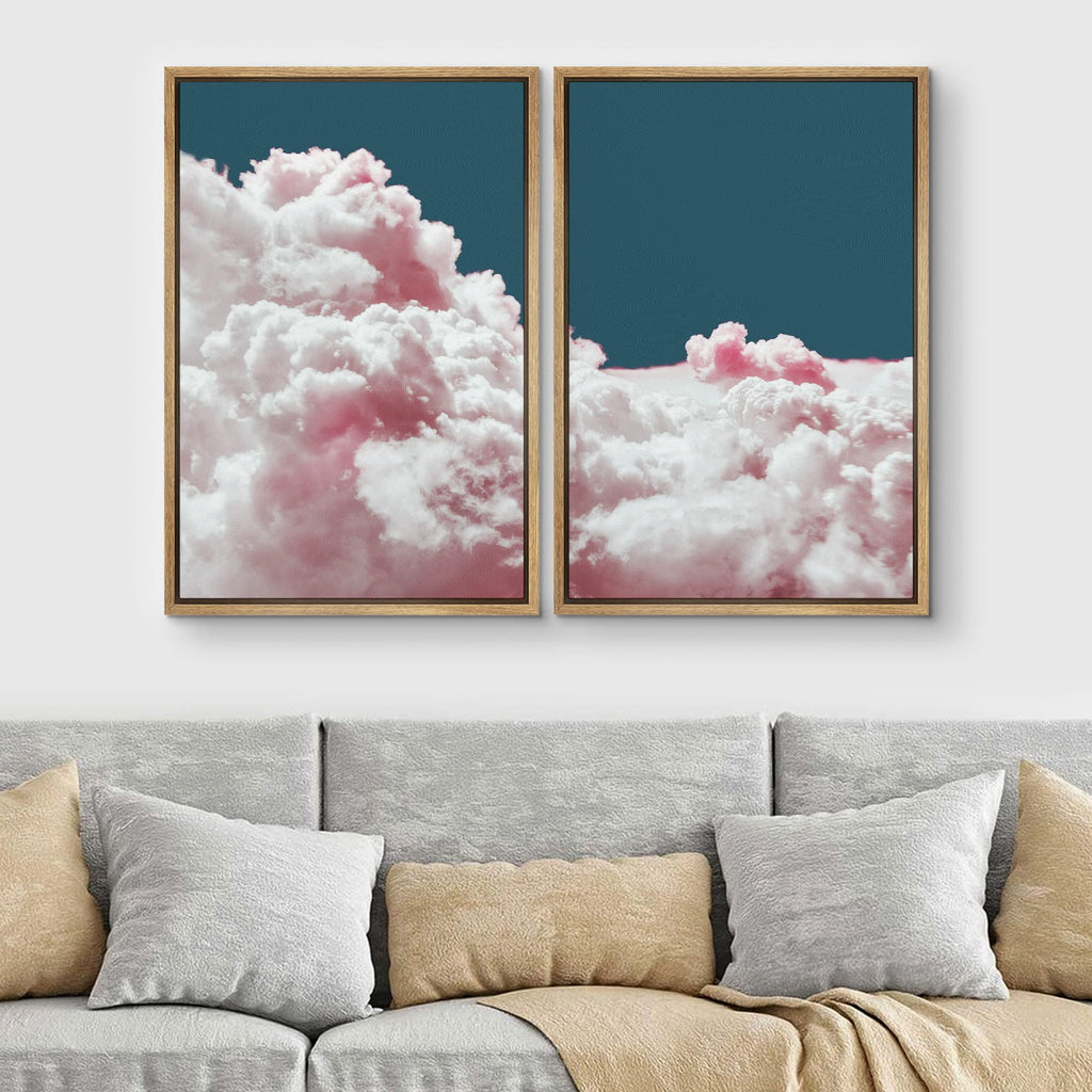 Framed Canvas Print Wall Art Set Pink Cotton Candy Cloud Sky Landscape Nature Wilderness Photography Modern Art Chic