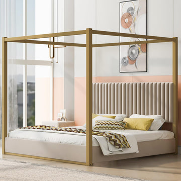Modern 4-Poster Canopy Platform Bed King Size with Channel Upholstery Tufted Headboard, Gold Metal Canopied Design