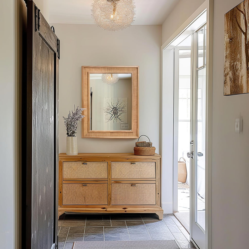 Rattan Wall Mounted Mirror 24"x32" Wood Framed Farmhouse Hanging Bathroom Mirror Decorative Rectangle Wall Mirror