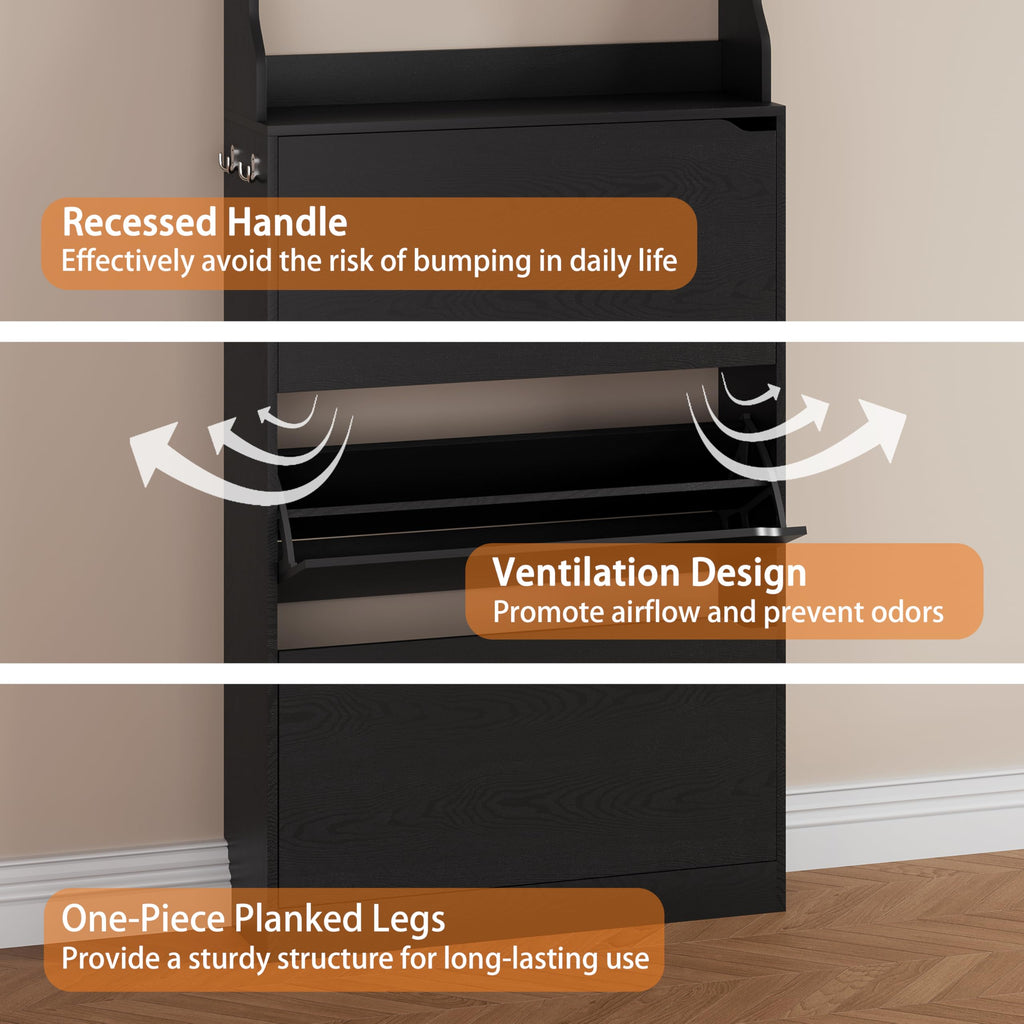 Black Hidden Shoe Cabinet with 3 Flip Drawers & Coat Rack, Entryway