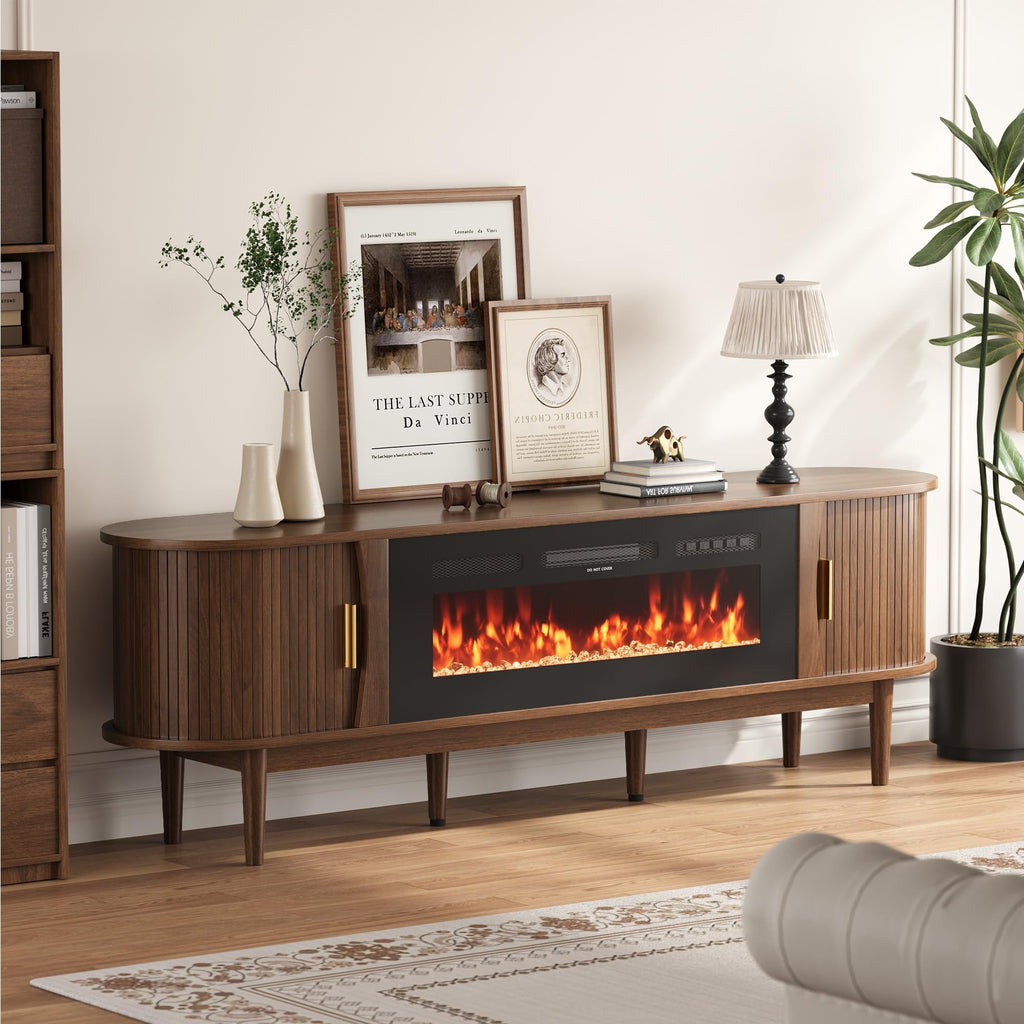70′′ Fluted Fireplace TV Stand for 80′′ TVs, Entertainment Center with Fluted Sliding Tambour Doors & Adjustable