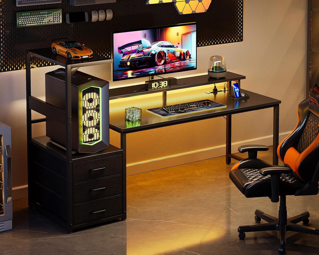 59 Inch Gaming Desk with USB Charging Ports & LED Light - Reversible Computer Desk with 3 Fabric Drawers, Monitor