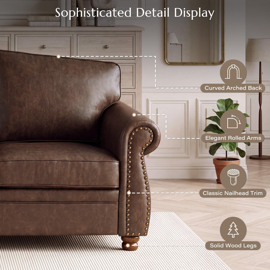 Traditional Faux Leather Couch Sofas, 91.3", Dark Brown
