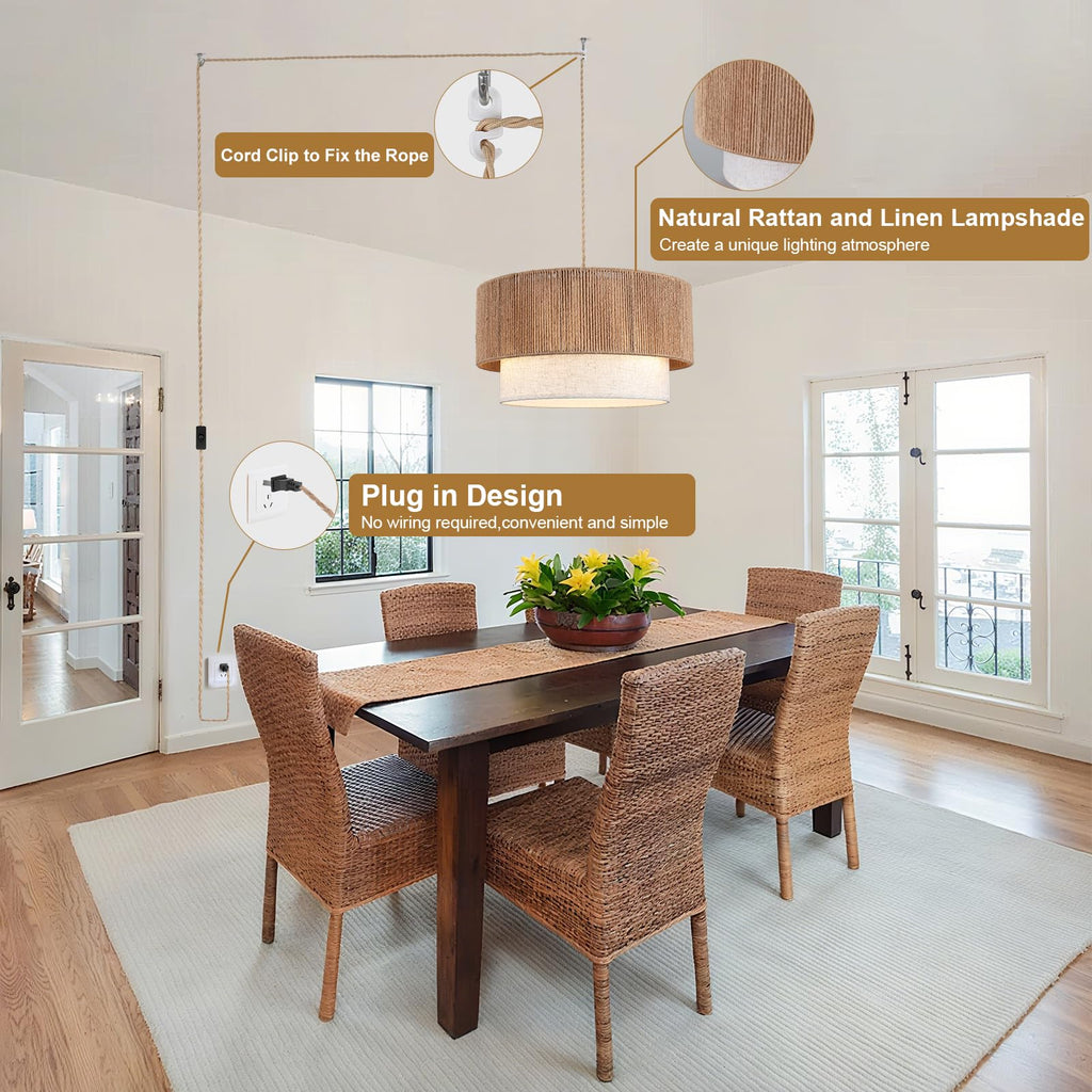 Plug in Pendant Light, 18" Rattan Plug in Chandelier with 18FT Light Cord, Plug in Boho Hanging Pendant Light Living