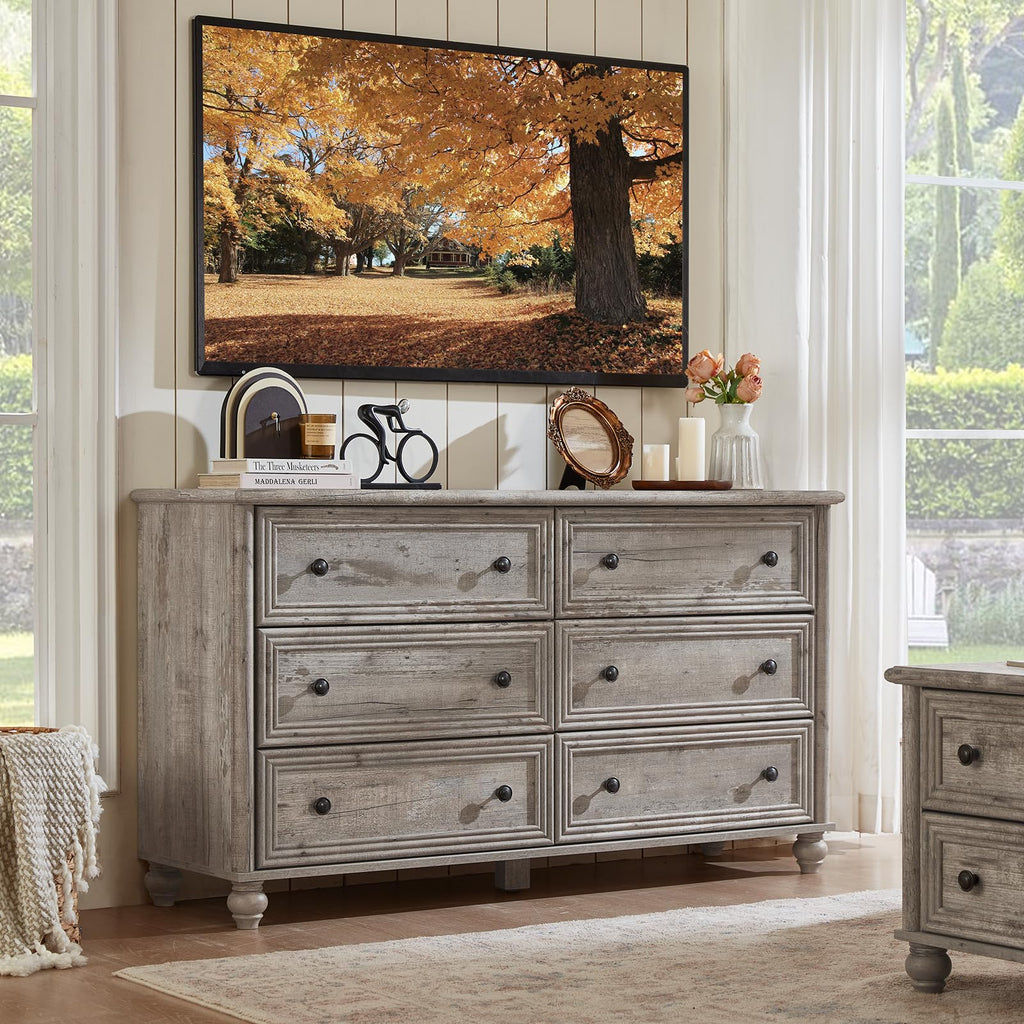 54" Dresser, Farmhouse 6 Drawers Dressers with Gourd Legs