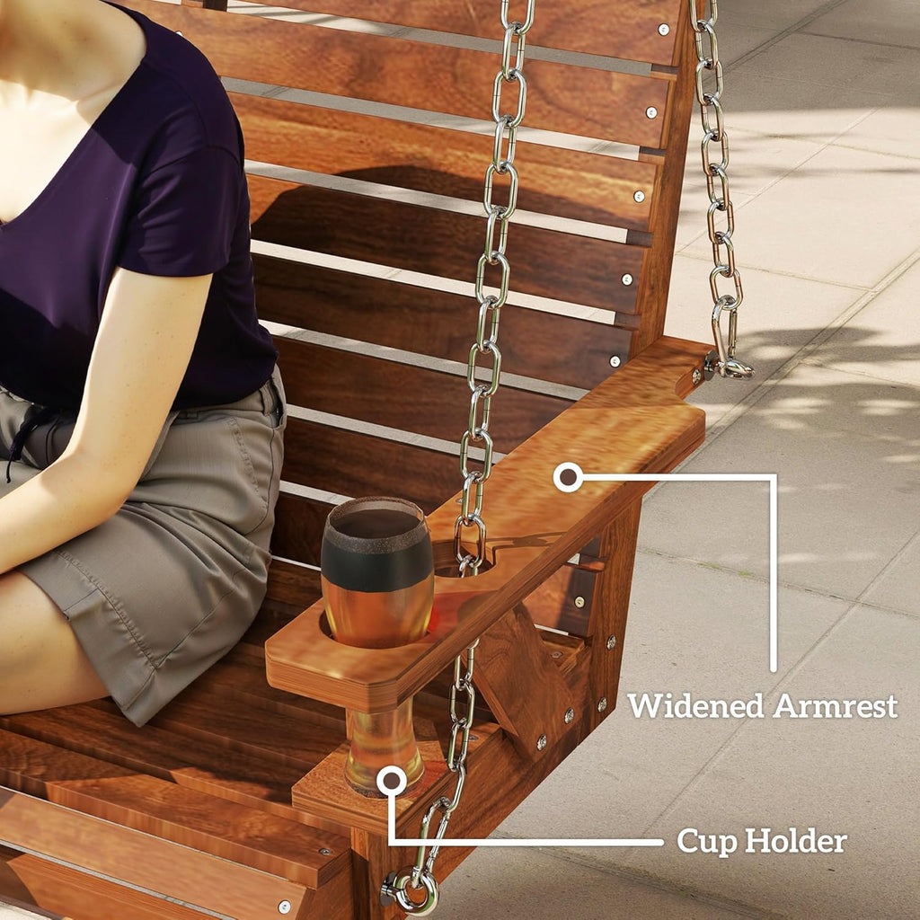 Upgraded Wooden Porch Swing 3-Seater, 5 FT Outdoor Patio Swing Bench with Cupholders, Hanging Chains, Swing Chair