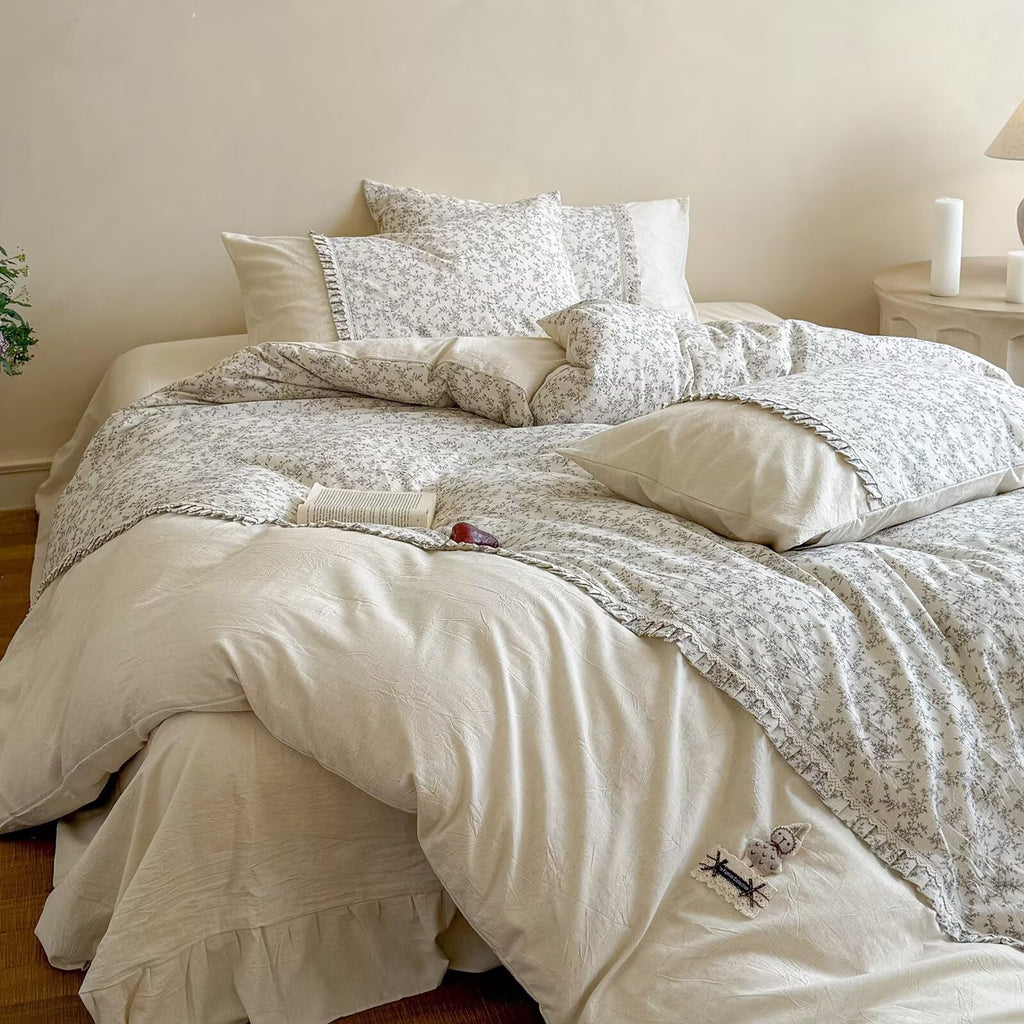 Floral Duvet Cover with 2 Pillowcases, 80"×90", Cotton Linen