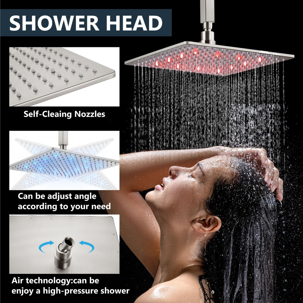 Ceiling Shower Faucet Set with Handheld 12" LED Head Brushed Nickel