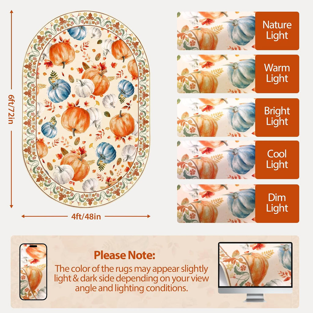 Fall Oval Rugs 4x6, Thanksgiving Living Room Rug Washable Non Slip