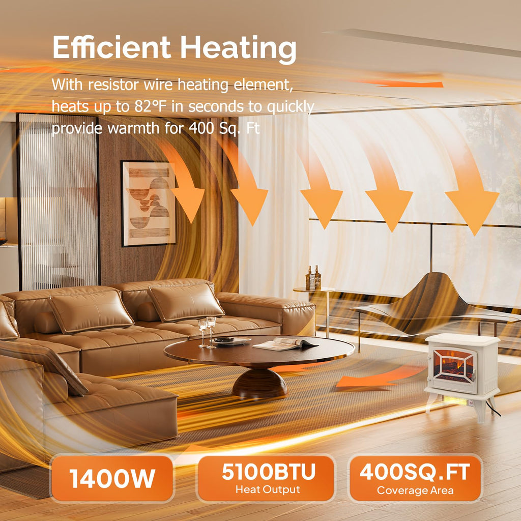 20" H Electric Fireplace Stove Space Heater, 1400W Portable Freestanding with Thermostat, Realistic Flame Logs