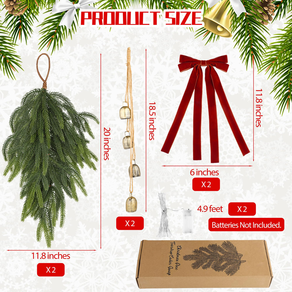 2 Pieces 20" Christmas Teardrop Swag for Front Door with Red Bowknot and Lights Artificial Norfork Pine Needles