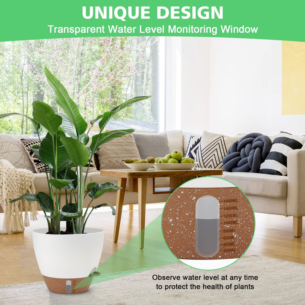 12" 10" 9" 8" Self Watering Pots with Water Level Indicator, Large Plastic Planters Set with Mesh Drainage Hole and