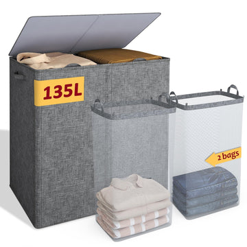 135L Laundry Hamper 2 Section, Large Laundry Hamper with Lid, Dirty Clothes Hamper with 2 Removable Inner Bags